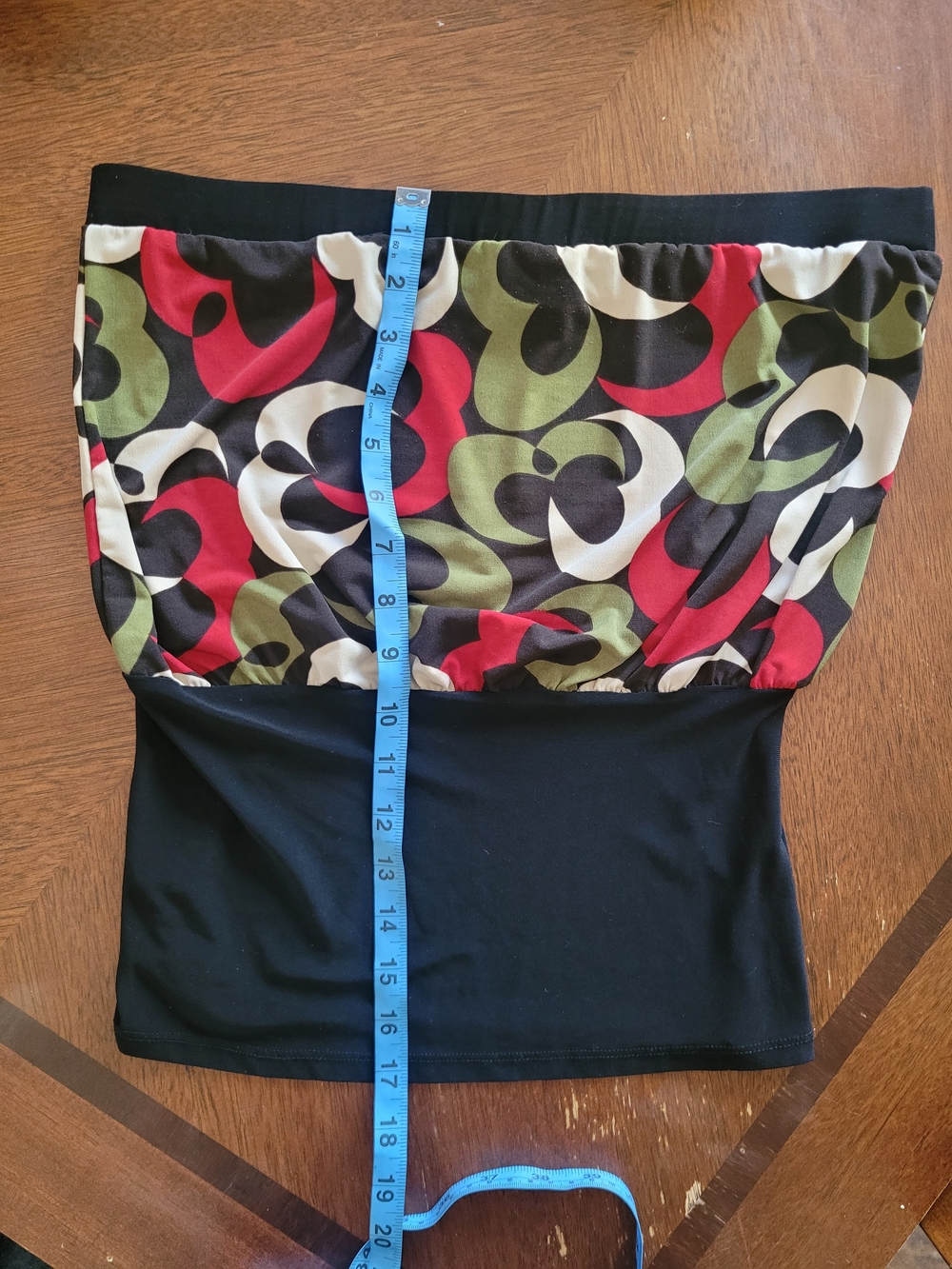 Women's Strapless Top in Black with Red, Olive & Cream Print
